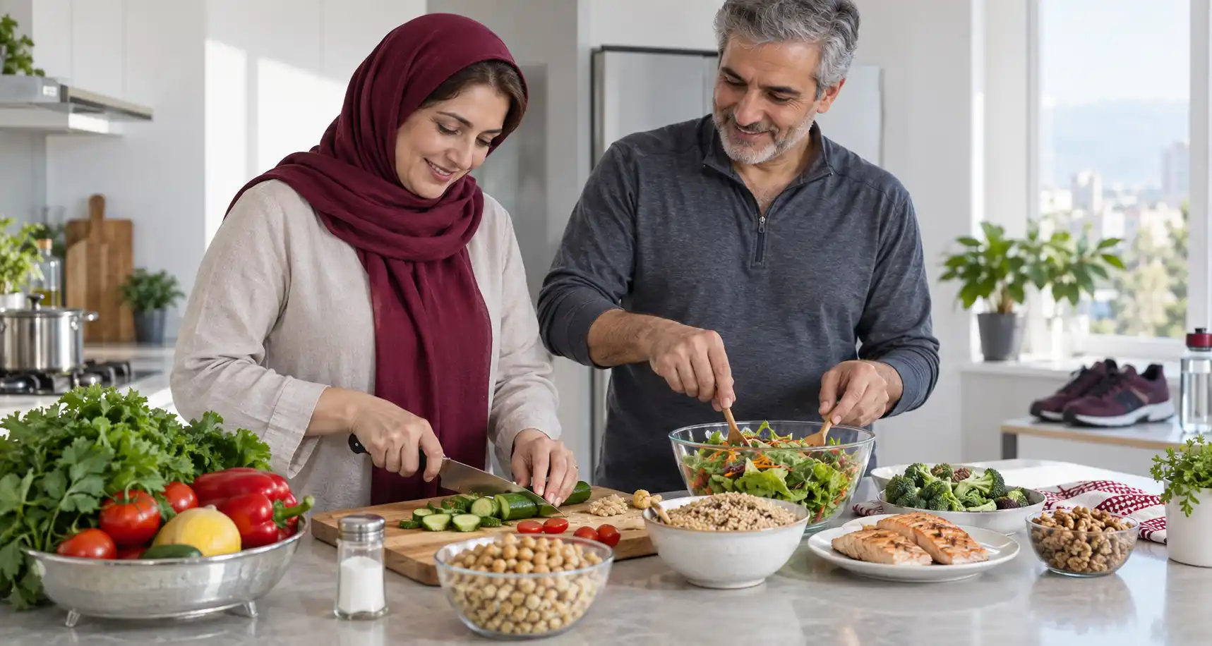 Couple preparing a healthy low-salt meal